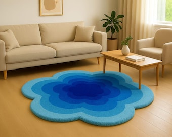 Blue Flower Rug, Tufted Floral Area Rug, 5X5 ft, Organic Shaped Carpet, Modern Bedroom Living Room Rug, Plush Handmade Wool Rug.