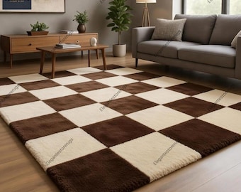 Bruin-wit geblokt handgetuft wollen vloerkleed | Modern tapijt | Minimalistisch geometrisch voor woonkamer.