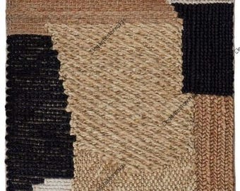 Handwoven Jute Runner 2X6 ft Rug, Boho Patchwork Natural Fiber Carpet, Brown Beige Black Modern Hallway, dining room and living room Rug.