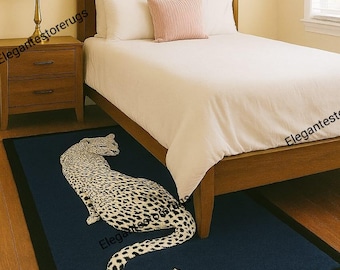 Leopard Animal Shape, Handmade Tufted Area wool Rug, Navy Blue Modern Bedroom Carpet, Kids Room Safari Decor.