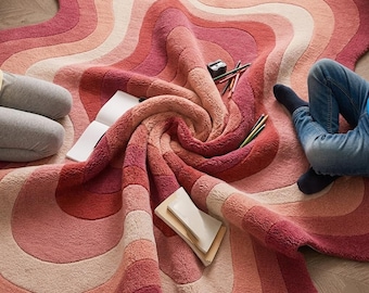 Abstract Wavy Shape Rug Pink Tufted Area Rug Modern Irregular Carpet Soft Plush Non Slip Living Room Bedroom Aesthetic Rug Custom Size.