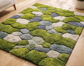 Moss Stone Rug, 3D Pebble Green Area Carpet, Nature Inspired Tufted Rug, Soft Plush Moss Rug for Living Room Bedroom, Handmade Style Rug.