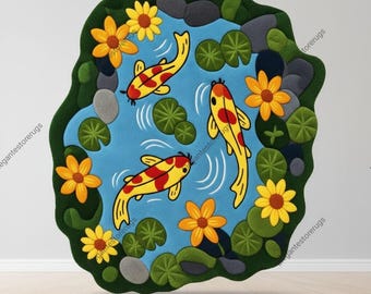 Koi Fish Pond Rug Tufted Carpet, Cartoon Nature Area Rug,6X6 feet, Kids Room Decor, Handmade Wool Rug, Unique Shape Accent Rug.