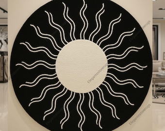 Round Sun Pattern Rug, 5X5 Black Modern Circular Area Rug, Hand Tufted Wool Living Room Rug, Large Bedroom Dining Room Carpet, Nordic Decor