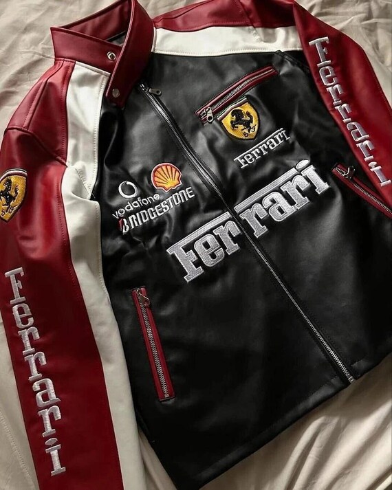 Handmade 90s Red Ferrari Embroidered F1 Racing Genuine Cowhide Leather Motorcycle Jacket, Vintage Motorsport Biker Coat, Gift for Him/Her