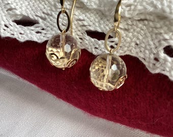 Italian, Paola Valentini, 14K Dangle Earrings.  Faceted Round Crystals Nestled In Gold Swirls.