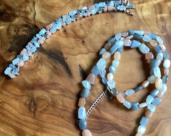 Sterling Silver Opal Bracelet and Necklace Set, Peach White Slate Charcoal Colors.