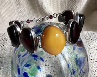 Sterling Silver Deep Cherry And Butterscotch Baltic Amber Link Bracelet.  Natural Free Form Stones.