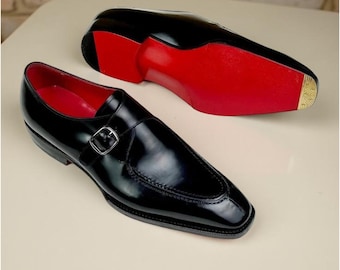 Christian Louboutin Black Leather Monk Strap Loafers Red Sole Handmade Shoes