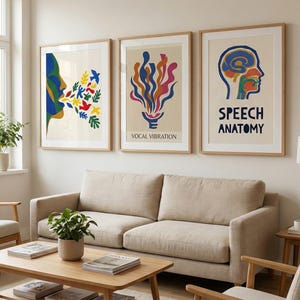 May include: Three framed art prints with abstract designs and text. The first print features a profile with colorful shapes. The second print has a lightbulb shape with colorful lines. The third print shows a head profile with the words "SPEECH ANATOMY".