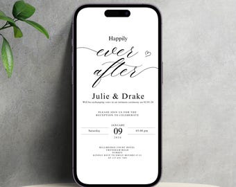 Puede incluir: Un smartphone muestra una invitación de boda con la frase "Happily ever after" en escritura cursiva. La invitación incluye los nombres Julie & Drake, la fecha 09 de enero de 2026 y detalles de la recepción. El teléfono está sobre una superficie de madera.
