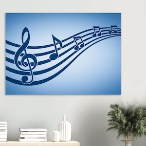 Könnte beinhalten: Blauer Leinwanddruck mit einer Notenlinie mit einem Violinschlüssel und Noten. Die musikalischen Symbole sind dunkelblau auf einem hellblauen Farbverlaufshintergrund. Das Kunstwerk ist ein dekoratives Stück für Musikliebhaber.