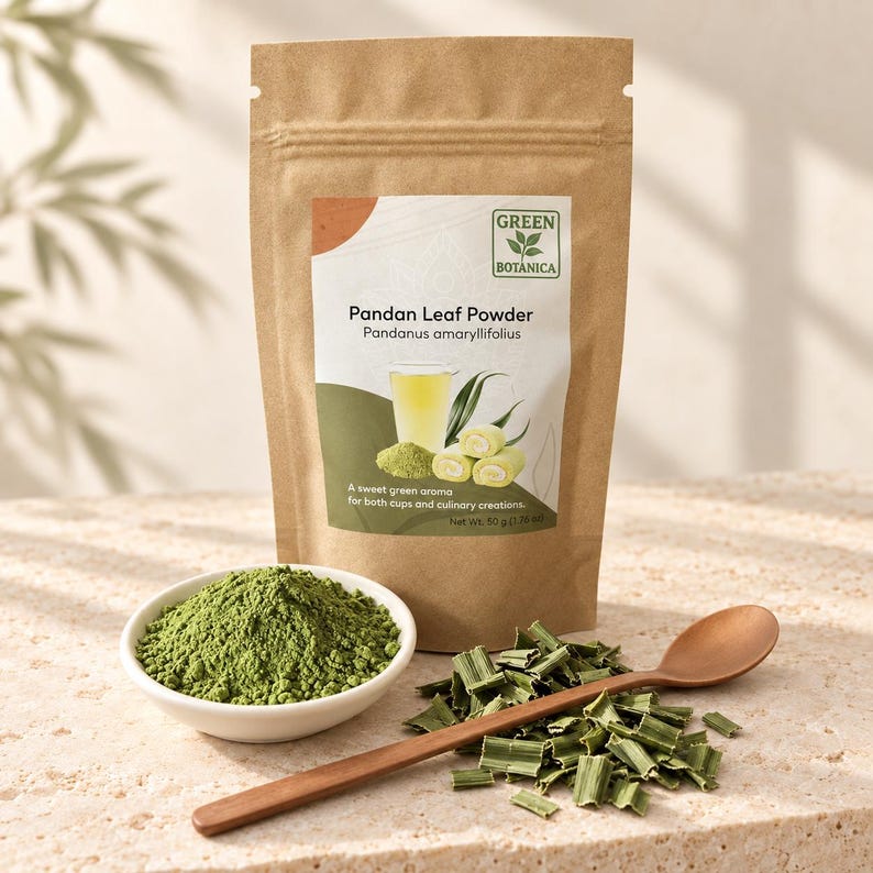 May include: A brown paper pouch of Green Botanica Pandan Leaf Powder, Pandanus amaryllifolius, net weight 50 g (1.78 oz). Includes a white bowl of green powder, dried pandan leaf pieces, and a wooden spoon.