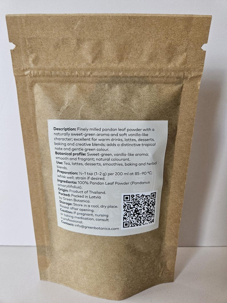 May include: A brown paper stand-up pouch containing finely milled pandan leaf powder. A white label on the front features the text: Description: Finely milled pandan leaf powder with a naturally sweet-green aroma and soft vanilla-like character.