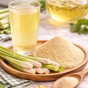 Pode incluir: Um copo de l&iacute;quido amarelo, provavelmente ch&aacute;, est&aacute; ao lado de uma bandeja de madeira com talos de capim-lim&atilde;o, p&oacute; e uma colher de madeira. Uma chaleira e uma chaleira de vidro cheias de ch&aacute; est&atilde;o no fundo. A imagem sugere ch&aacute; de ervas.