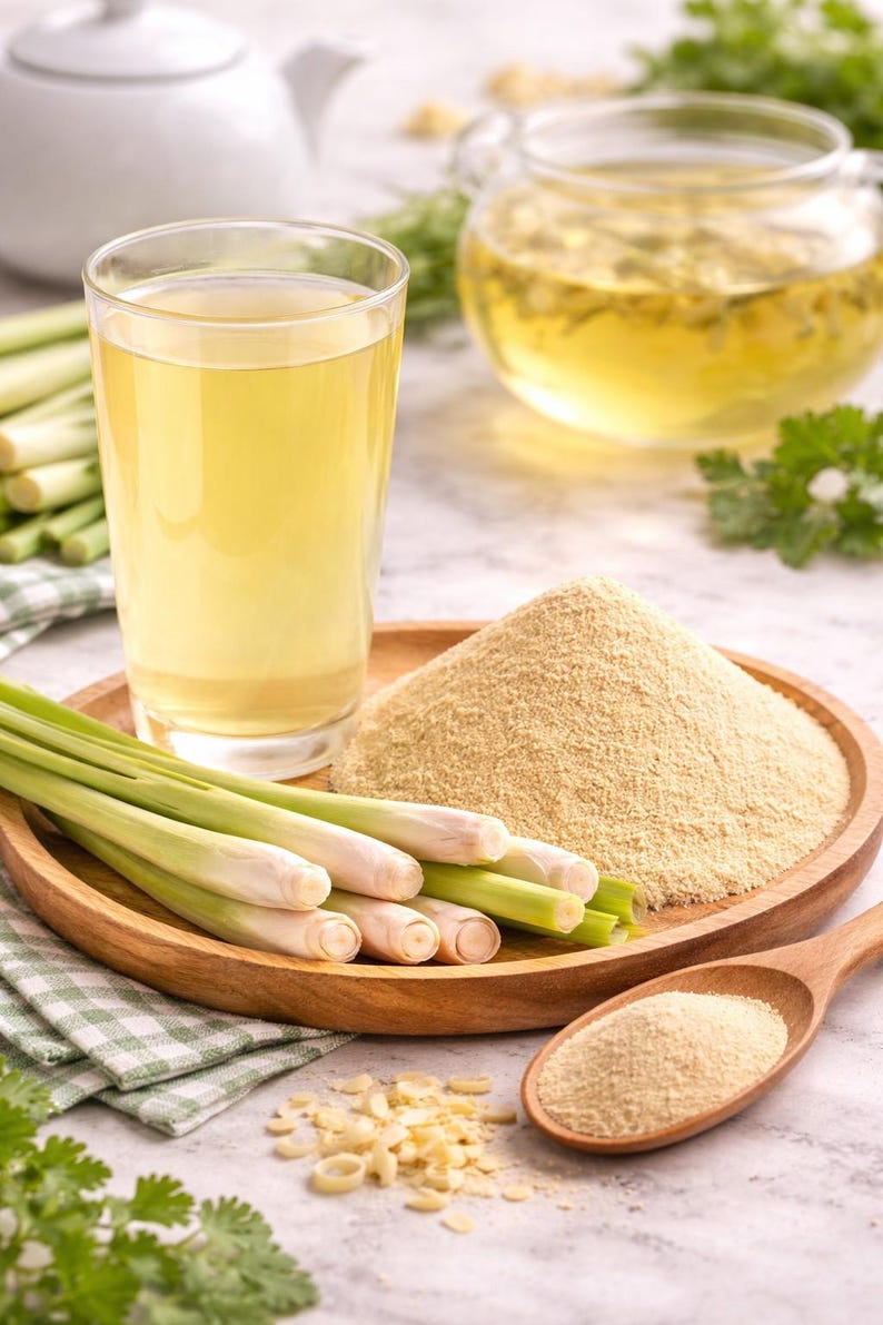Pode incluir: Um copo de l&iacute;quido amarelo, provavelmente ch&aacute;, est&aacute; ao lado de uma bandeja de madeira com talos de capim-lim&atilde;o, p&oacute; e uma colher de madeira. Uma chaleira e uma chaleira de vidro cheias de ch&aacute; est&atilde;o no fundo. A imagem sugere ch&aacute; de ervas.