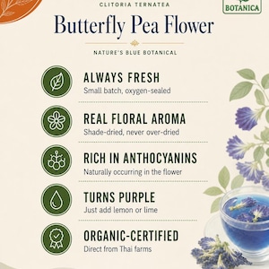Pode incluir: Um cart&atilde;o de informa&ccedil;&otilde;es do produto para Green Botanica Butterfly Pea Flower. O texto lista caracter&iacute;sticas: Always Fresh, Real Floral Aroma, Rich in Anthocyanins, Turns Purple e Organic-Certified. Uma x&iacute;cara de ch&aacute; azul e flores secas s&atilde;o exibidas.