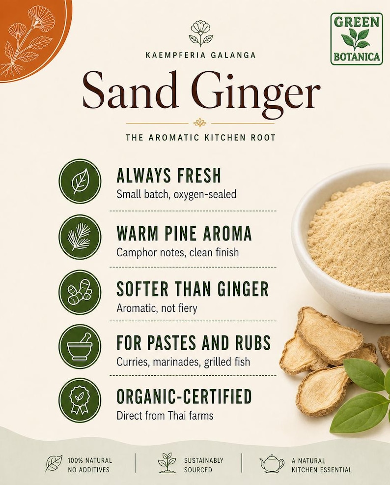 Op de afbeelding: Een informatieve productkaart voor Sand Ginger, Kaempferia Galanga, van Green Botanica. Het bevat een kom met beige poeder, gesneden gemberwortels en groene bladeren. Teksthoogtepunten zijn onder meer Always Fresh, Warm Pine Aroma en Organic-Certified.