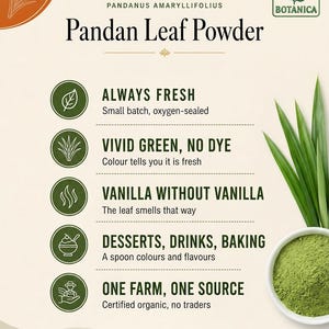 May include: A product information card for Green Botanica Pandan Leaf Powder. The text lists features including always fresh, vivid green, no dye, vanilla without vanilla, desserts, drinks, baking, and one farm, one source. Includes icons and a bowl of green powder.