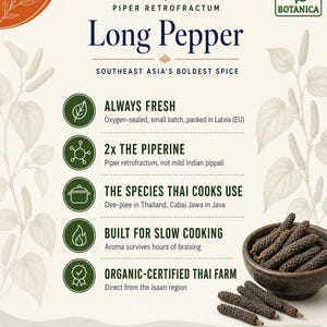 Peut inclure: Une fiche produit informative pour le poivre long Piper Retrofractum de Green Botanica. Le design pr&eacute;sente des illustrations botaniques, du texte d&eacute;taillant les avantages de l'&eacute;pice et un bol en c&eacute;ramique sombre rempli de chatons de poivre long s&eacute;ch&eacute;s.