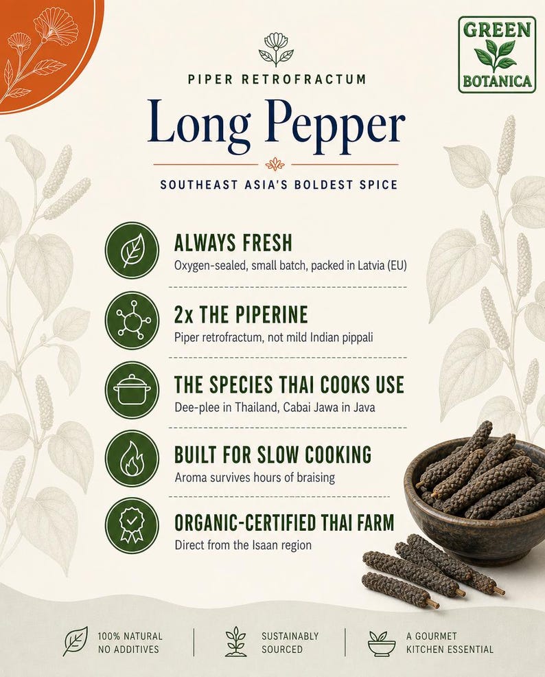 Peut inclure: Une fiche produit informative pour le poivre long Piper Retrofractum de Green Botanica. Le design pr&eacute;sente des illustrations botaniques, du texte d&eacute;taillant les avantages de l'&eacute;pice et un bol en c&eacute;ramique sombre rempli de chatons de poivre long s&eacute;ch&eacute;s.