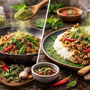 K&ouml;nnte beinhalten: Ein lebendiges Bild der thail&auml;ndischen K&uuml;che. Eine Sch&uuml;ssel und ein Teller Reis, belegt mit Fleisch, roten Chilis und Kr&auml;utern. Ein Holzl&ouml;ffel und ein Shaker streuen gr&uuml;ne Kr&auml;uter &uuml;ber die Gerichte. Eine kleine Sch&uuml;ssel mit So&szlig;e und frischen Zutaten vervollst&auml;ndigen die Szene.