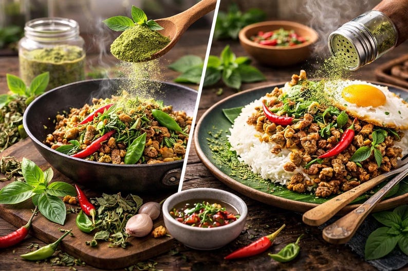 K&ouml;nnte beinhalten: Ein lebendiges Bild der thail&auml;ndischen K&uuml;che. Eine Sch&uuml;ssel und ein Teller Reis, belegt mit Fleisch, roten Chilis und Kr&auml;utern. Ein Holzl&ouml;ffel und ein Shaker streuen gr&uuml;ne Kr&auml;uter &uuml;ber die Gerichte. Eine kleine Sch&uuml;ssel mit So&szlig;e und frischen Zutaten vervollst&auml;ndigen die Szene.