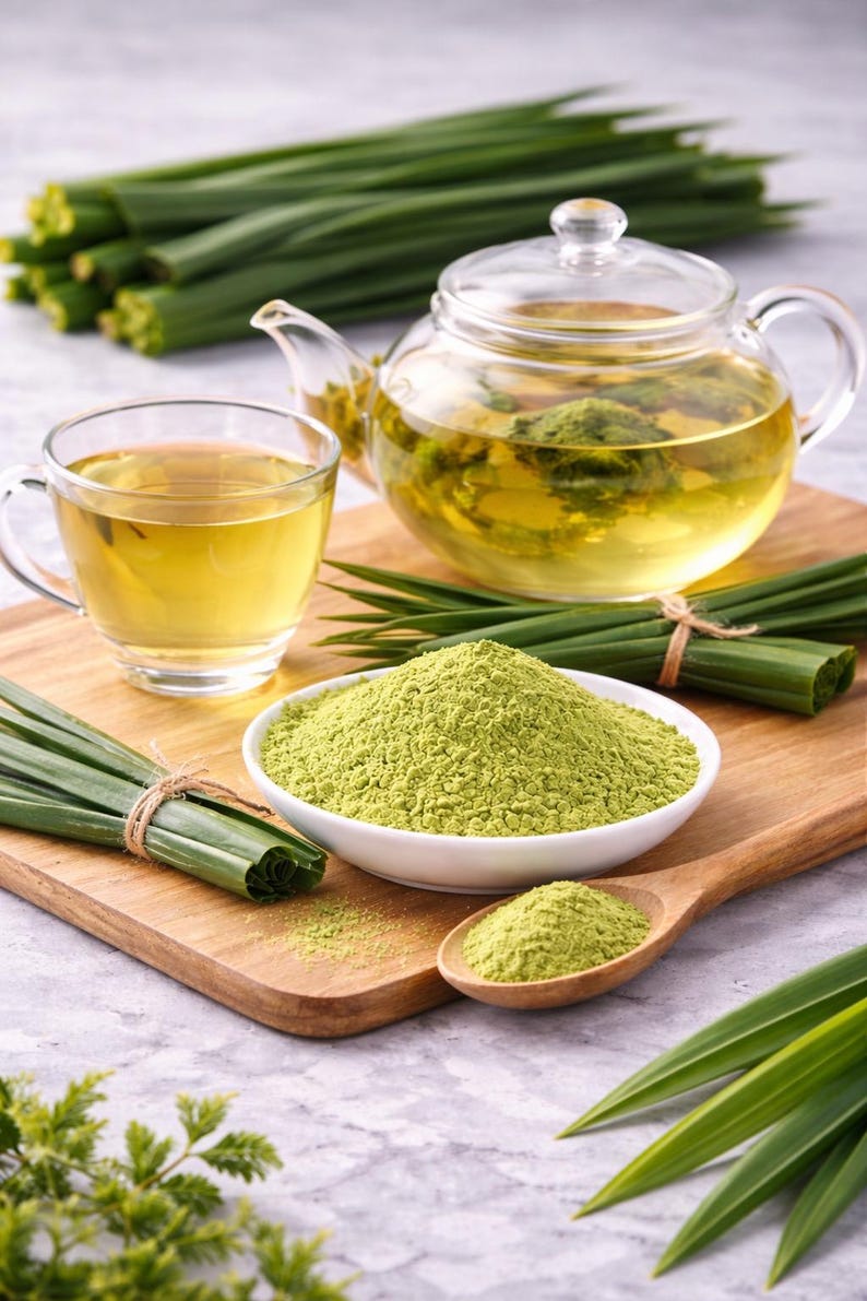 May include: A glass teapot and a glass cup filled with light green tea, a white bowl containing a mound of fine green powder, a wooden spoon with green powder, and bundles of long, slender green leaves on a wooden board.