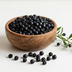 K&ouml;nnte beinhalten: Eine kleine, runde Holzschale gef&uuml;llt mit dunklen, kugelf&ouml;rmigen Wacholderbeeren. Mehrere lose Beeren liegen verstreut vor der Schale, und ein kleiner gr&uuml;ner Zweig mit einigen daran befestigten Beeren liegt rechts neben dem Holzgef&auml;&szlig;.