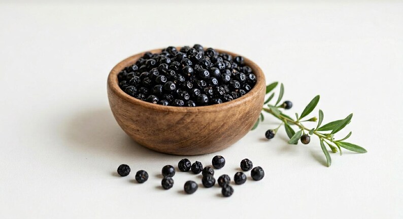 K&ouml;nnte beinhalten: Eine kleine, runde Holzschale gef&uuml;llt mit dunklen, kugelf&ouml;rmigen Wacholderbeeren. Mehrere lose Beeren liegen verstreut vor der Schale, und ein kleiner gr&uuml;ner Zweig mit einigen daran befestigten Beeren liegt rechts neben dem Holzgef&auml;&szlig;.
