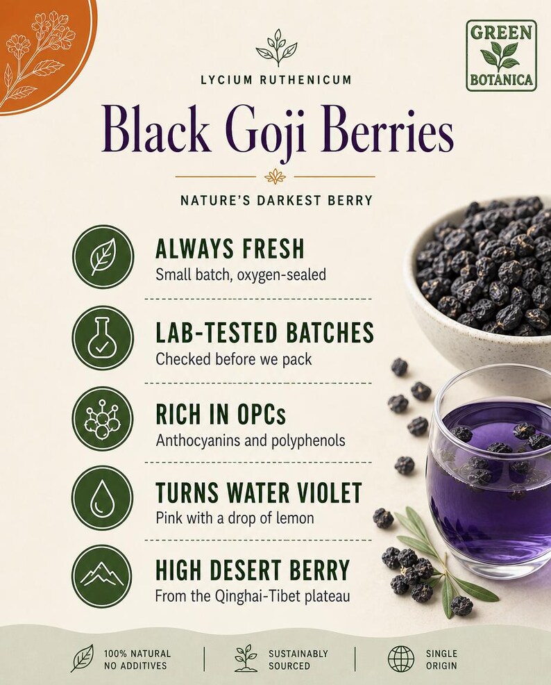 K&ouml;nnte beinhalten: Eine Produktinformationskarte f&uuml;r Green Botanica Schwarze Goji-Beeren, Lycium Ruthenicum. Das Bild zeigt eine Schale mit getrockneten schwarzen Beeren, ein Glas mit violetter Fl&uuml;ssigkeit und Text, der Merkmale wie kleine Chargen und Herkunft beschreibt.