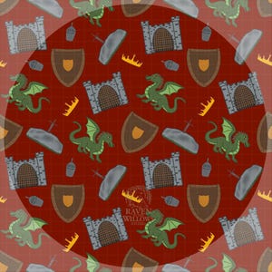 May include: A repeating pattern featuring green dragons, brown shields, gray castles, gold crowns, and gray swords on a red background. The design includes the text "Raven Willow Studio".
