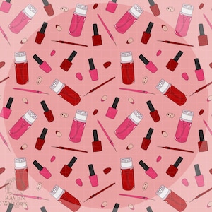 May include: A repeating pattern featuring nail polish bottles, nail polish, nail art pens, and nail art stickers in red, pink, and black on a pink background. The design is a seamless pattern, ideal for nail art enthusiasts.