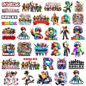 Op de afbeelding: Een verzameling kleurrijke Roblox-thema graphics en illustraties. De ontwerpen bevatten personages, logo's en tekstelementen, waaronder het woord "ROBLOX" in verschillende stijlen en de zin "Happy Birthday". De afbeeldingen zijn levendig en geschikt voor gaming liefhebbers.