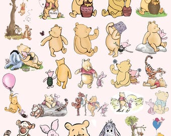 May include: A collection of illustrations featuring Winnie the Pooh, Piglet, Tigger, and Eeyore in various poses, including sitting with honey pots, holding balloons, walking together, and interacting with nature scenes, rendered in a classic storybook style.