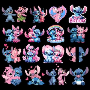 May include: A selection of cartoon images featuring Stitch and Angel. The images show the characters in various poses, including hugging, holding hearts, and celebrating a birthday. The colour palette includes shades of blue, pink, and white.