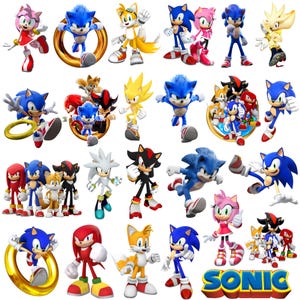 May include: A collection of colorful cartoon character figures, including Sonic the Hedgehog and his friends. The characters are in various action poses, with a gold ring and the word "SONIC" in a bold, yellow and red font.