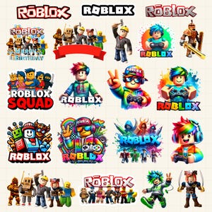 May include: A collection of colorful Roblox-themed stickers featuring various characters and the Roblox logo. Designs include characters holding game controllers, wearing headphones, and the text "Happy Birthday".