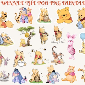 Op de afbeelding: Een verzameling Winnie the Pooh PNG-afbeeldingen. De afbeeldingen bevatten Winnie de Poeh, Teigetje, Knorretje, Iejoor en andere personages. De illustraties zijn in een aquarel stijl, met verschillende poses en scènes.