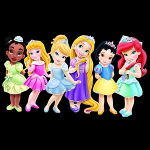 May include: Illustration of six cartoon princesses with diverse skin tones and hair colours. Each princess wears a different colourful dress and a tiara. The princesses are set against a black background.