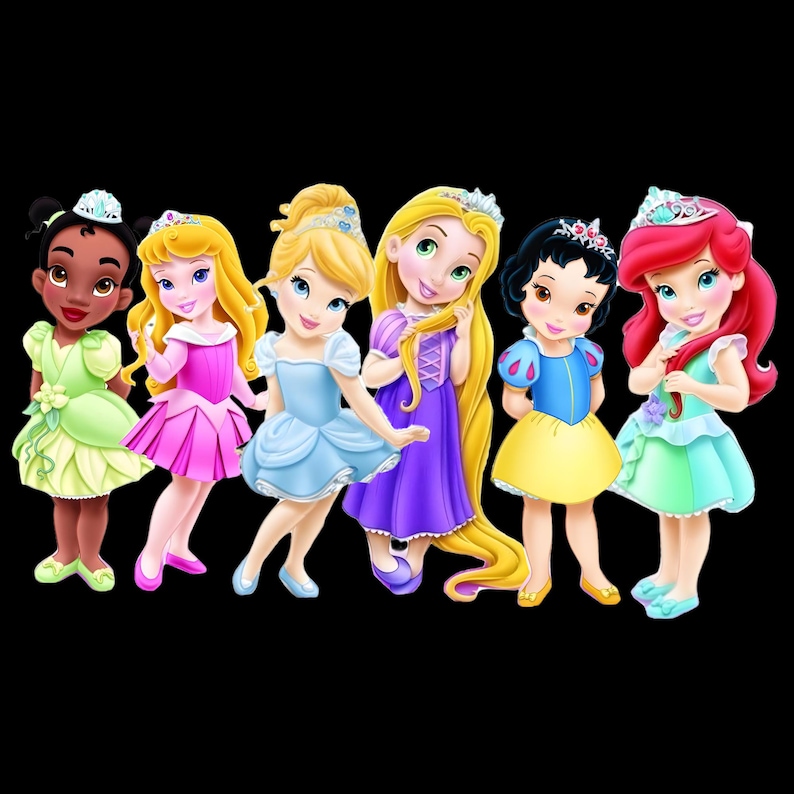 May include: Illustration of six cartoon princesses with diverse skin tones and hair colours. Each princess wears a different colourful dress and a tiara. The princesses are set against a black background.
