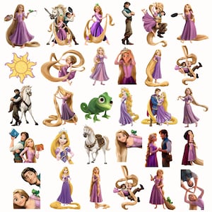 Puede incluir: Una colección de ilustraciones digitales que muestran a Rapunzel con cabello largo y rubio en un vestido morado, Flynn Rider, el caballo blanco Maximus y el camaleón verde Pascal en varias poses, incluyendo un icono de sol amarillo.