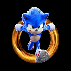 May include: A dynamic image of Sonic the Hedgehog, a blue anthropomorphic hedgehog, in mid-stride. He is surrounded by a golden ring against a black background. Sonic is wearing white gloves and sneakers with red stripes.
