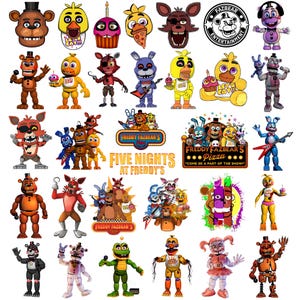 May include: A selection of colourful character designs from the video game series Five Nights at Freddy's. The image includes various animatronic figures, logos, and text elements, with a white background.