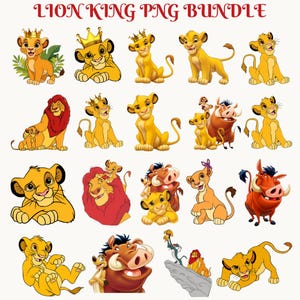 May include: A collection of colorful Lion King PNG images. The images feature Simba, Timon, Pumbaa, and other characters from the animated film. The text "LION KING PNG BUNDLE" is at the top of the image.