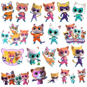 Puede incluir: Una colección de pegatinas de gatos superhéroes de dibujos animados en varias poses y colores. Los gatos llevan máscaras y trajes de superhéroes en tonos naranja, rosa, azul, morado y amarillo. Algunas pegatinas incluyen el texto "Happy Birthday".