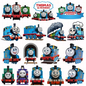 以下が含まれることがあります： カラフルなトーマス＆フレンズの電車キャラクターのステッカーのコレクション。ステッカーには、青いトーマス・ザ・タンク・エンジンのさまざまなデザインと、他の電車のキャラクターが描かれています。トーマス＆フレンズのロゴも含まれています。