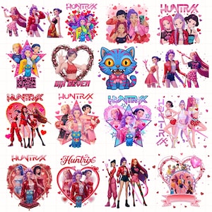 May include: A collection of colorful digital illustrations featuring anime-style characters. The images showcase various designs with the text "HUNTRIX" and "SIX SEVEN". The artwork includes hearts, stars, and a blue cat.