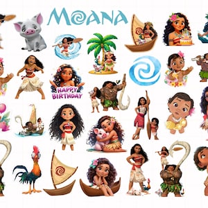 May include: A collection of colorful Moana-themed stickers and illustrations. The images include characters like Moana, Maui, Pua the pig, and Hei Hei the rooster, along with boats, palm trees, and the word "Moana". Some images have the text "Happy Birthday".