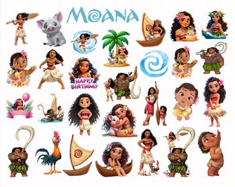 Pakiet clipartów Moana: Obrazy PNG z małą Moaną (pobieranie cyfrowe), Clipart Moana, PNG Moana, Urodziny Moany, Moana do druku, Czcionka Moana